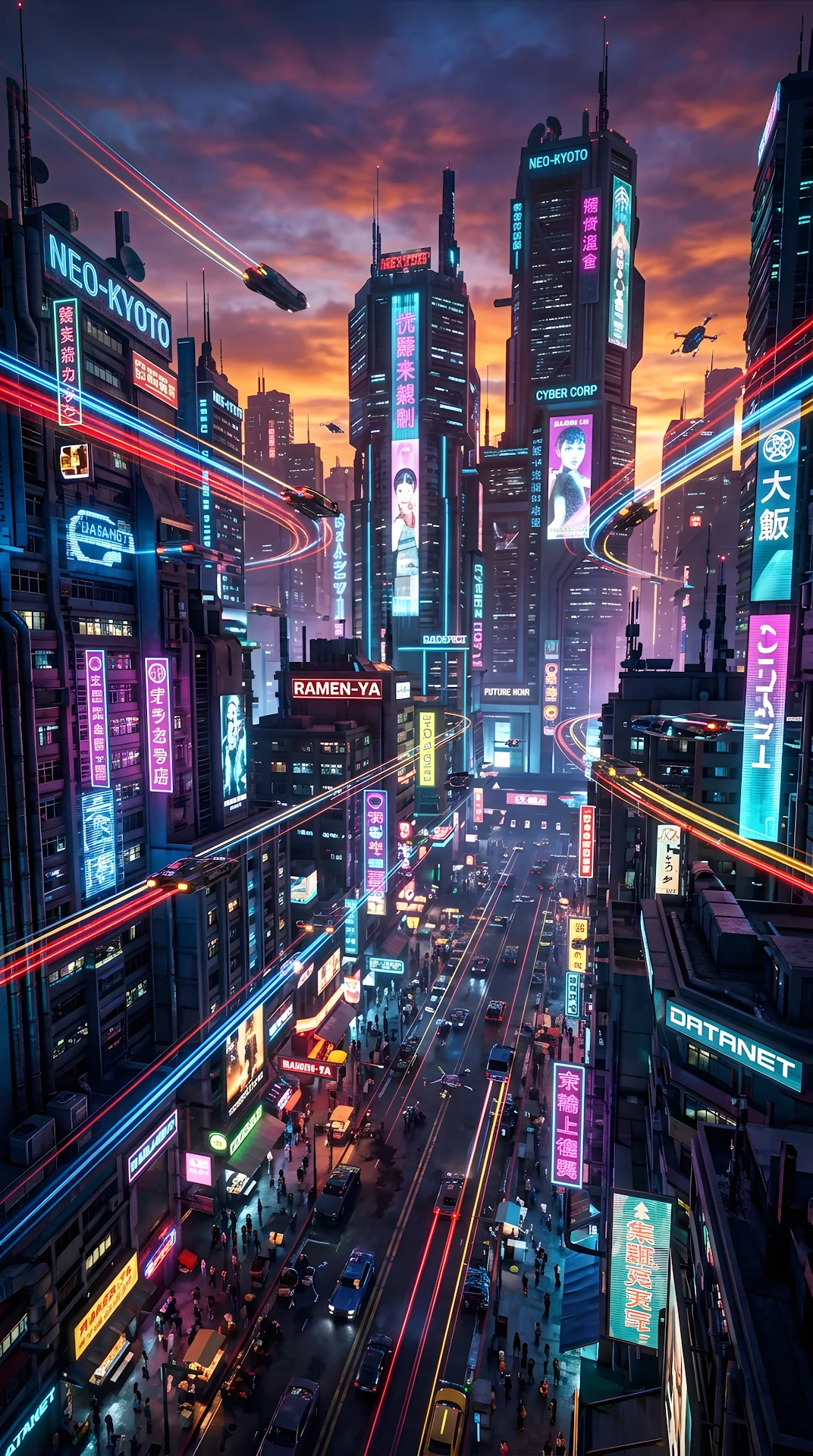 Futuristic Cyberpunk Cityscape at Dusk with Neon Lights - Free 4K mobile Wallpaper