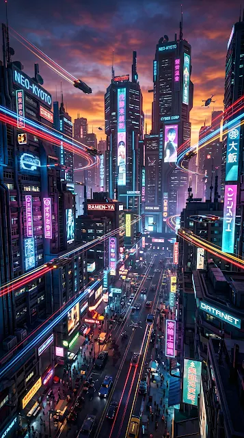 Futuristic Cyberpunk Cityscape at Dusk with Neon Lights - Free mobile Wallpaper