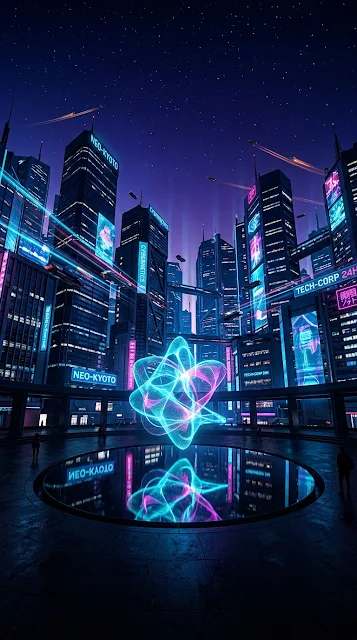 Futuristic Cyberpunk Midnight City Plaza Hologram Mobile Wallpaper - Free 4K & 8K mobile Wallpaper