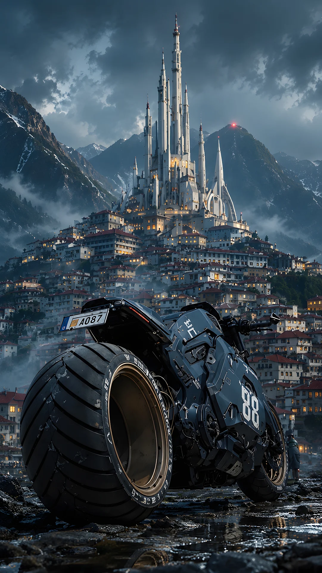 Futuristic Cyberpunk Motorcycle in Front of Mountain Spire City - Free 4K mobile Wallpaper