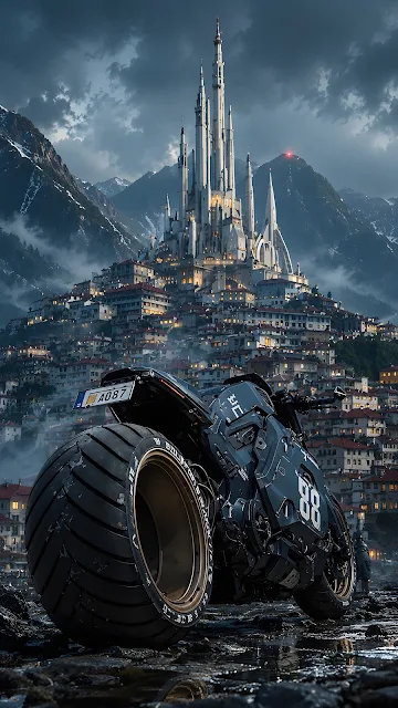 A heavy futuristic black motorcycle parked on wet stones facing a towering spired citadel built into alpine mountains.