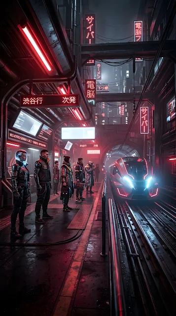 Futuristic Cyberpunk Subway Station with Commuters - Free mobile Wallpaper