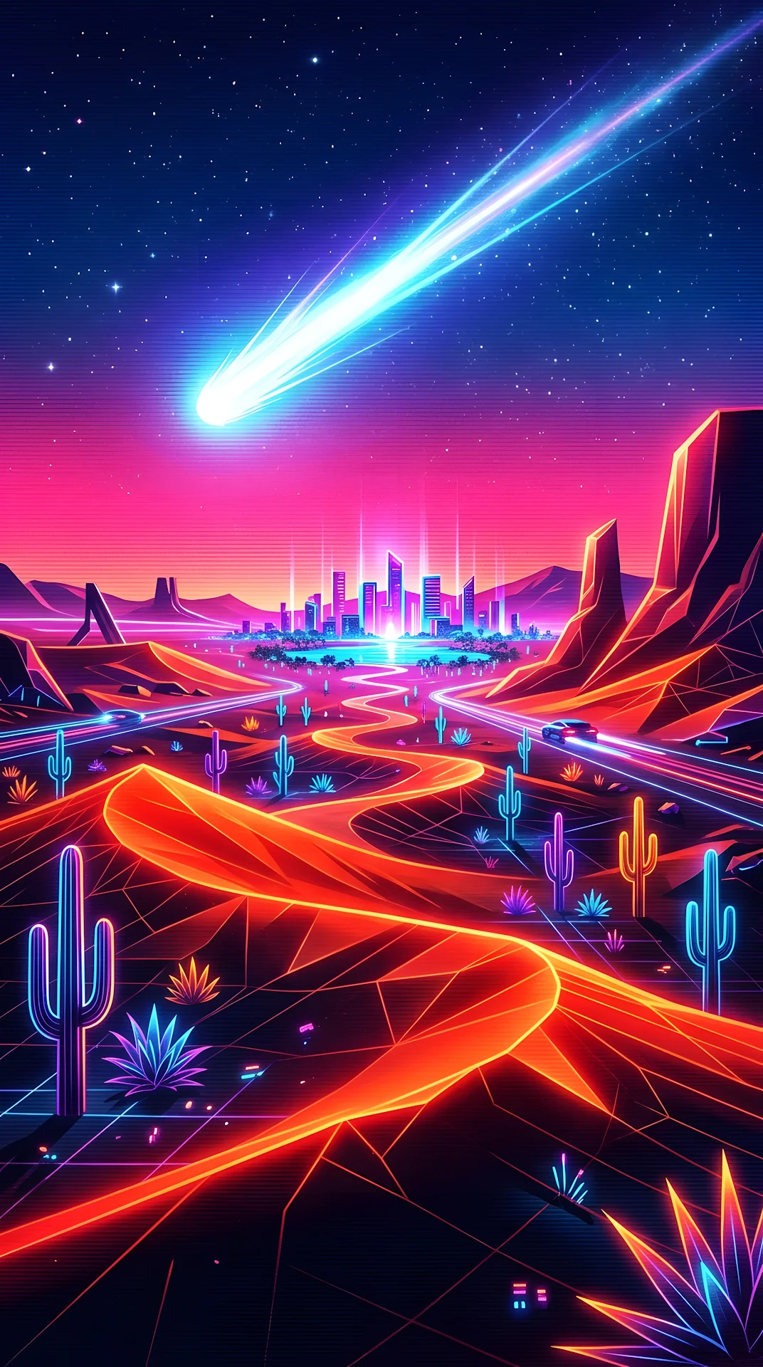 Futuristic Desert Landscape with Neon Cacti and Streaking Comet - Free 4K mobile Wallpaper