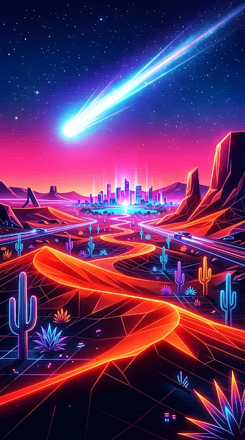 Futuristic Desert Landscape with Neon Cacti and Streaking Comet - Free mobile Wallpaper