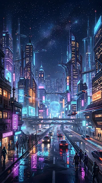 Futuristic Digital Cityscape at Night with Glowing Skyscrapers and Stars - Free mobile Wallpaper