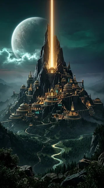 Futuristic Eco City Mountain Temple Vertical Digital Art - Free 4K & 8K mobile Wallpaper