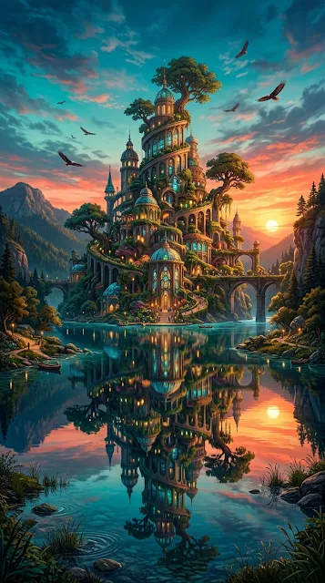 Futuristic Eco-City Tower with Sunset Reflection on Calm Lake - Free 4K & 8K mobile Wallpaper