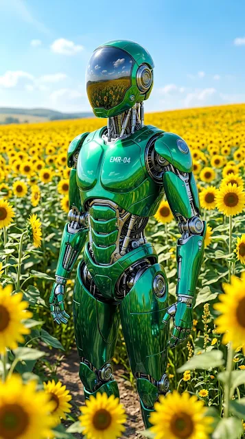 Futuristic Emerald Robot with Sunflowers and Morning Sky - Free 4K & 8K mobile Wallpaper