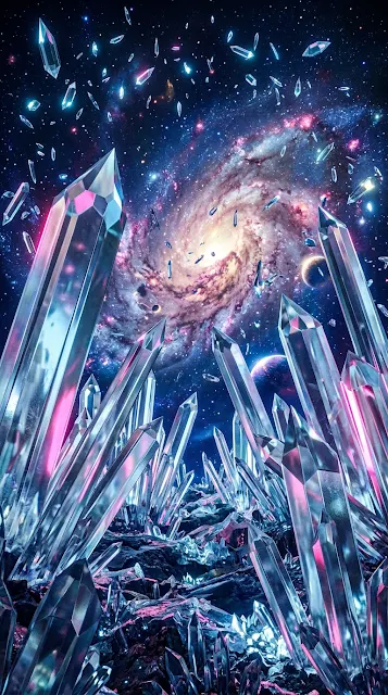 Futuristic Field of Colossal Transparent Crystals in a Cosmic Galaxy - Free 4K & 8K mobile Wallpaper