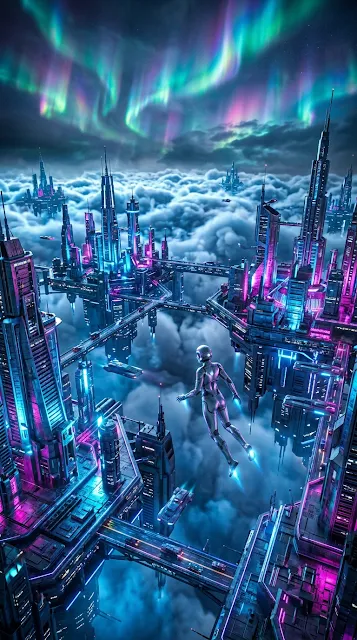 Futuristic Floating City with Neon Lights and Swirling Auroras - Free 4K & 8K mobile Wallpaper