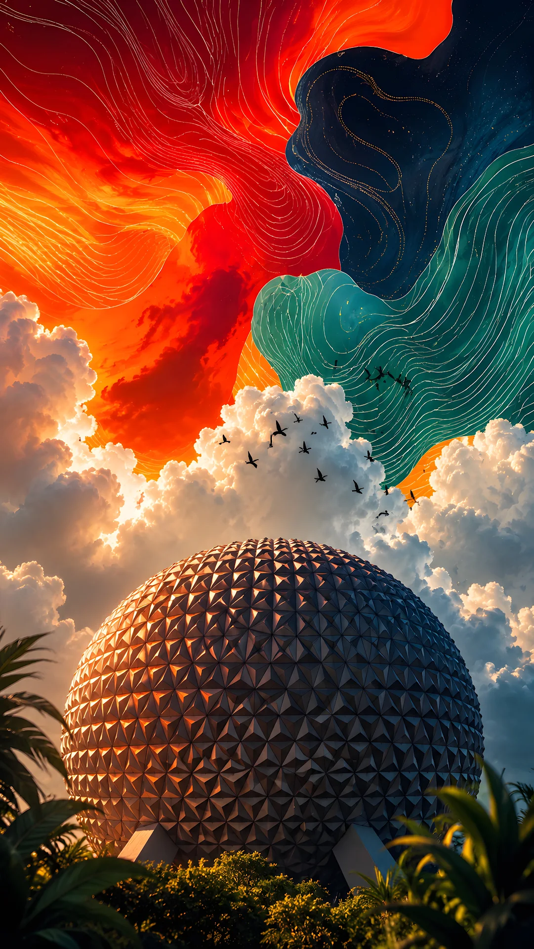 Futuristic geodesic sphere structure under colorful abstract flowing sky - Free 4K mobile Wallpaper