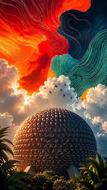 Geodesic dome structure amidst lush foliage beneath fluffy white clouds and vibrant flowing abstract sky artwork.
