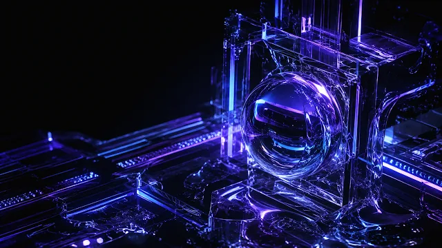 A transparent glass spherical core encased in architectural crystal structures glowing with ultraviolet and blue neon lighting.