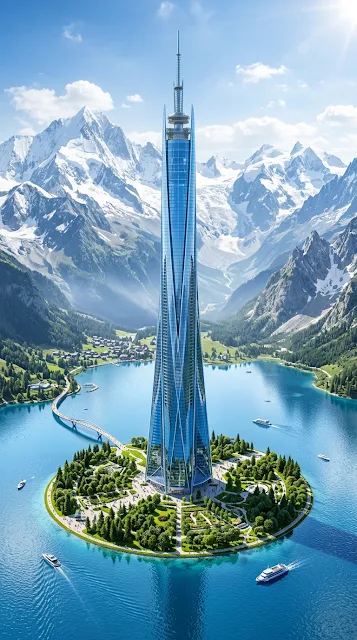 Futuristic Glass Skyscraper on Island in Pristine Mountain Lake - Free 4K & 8K mobile Wallpaper