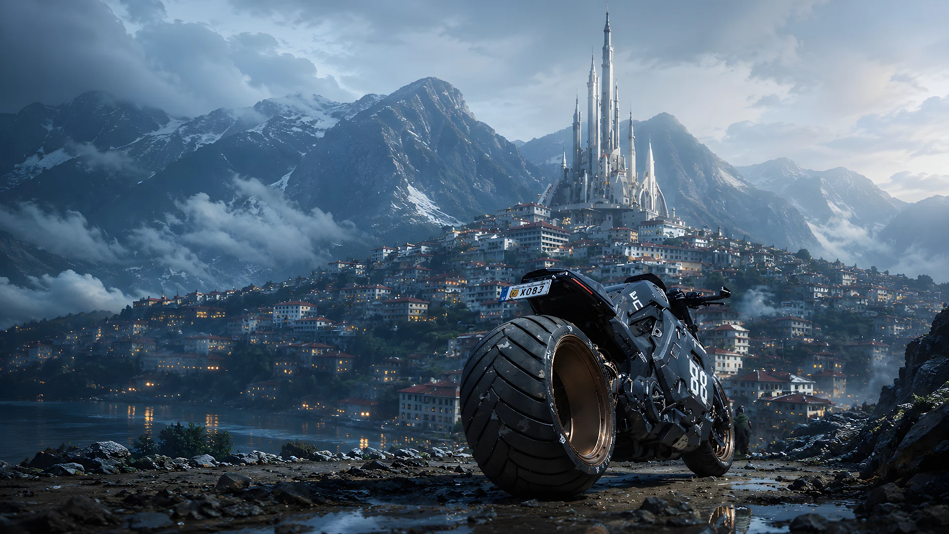 Futuristic heavy cyberpunk motorcycle overlooking alpine mountain citadel - Free 4K desktop Wallpaper