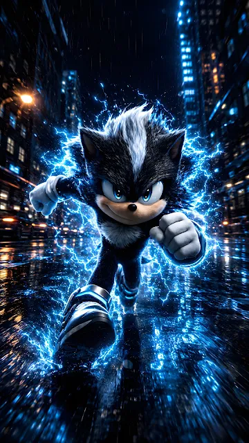 Dark furred anthro character running forward surrounded by electric blue lightning sparks on a wet urban night street.