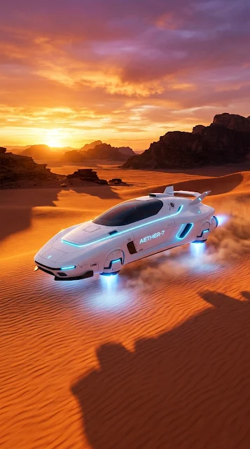 Futuristic Hovercraft Gliding Over Desert Dunes at Sunset - Free 4K & 8K mobile Wallpaper