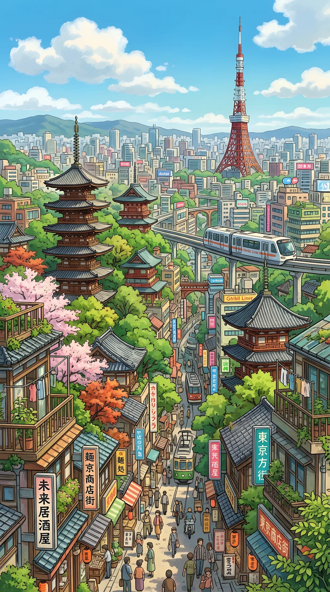 Futuristic Japanese Cityscape with Traditional Pagoda and Nature - Free 4K mobile Wallpaper