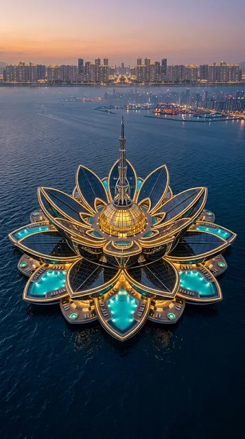 Futuristic Lotus Flower Shaped Architecture Complex Aerial View - Free 4K & 8K mobile Wallpaper