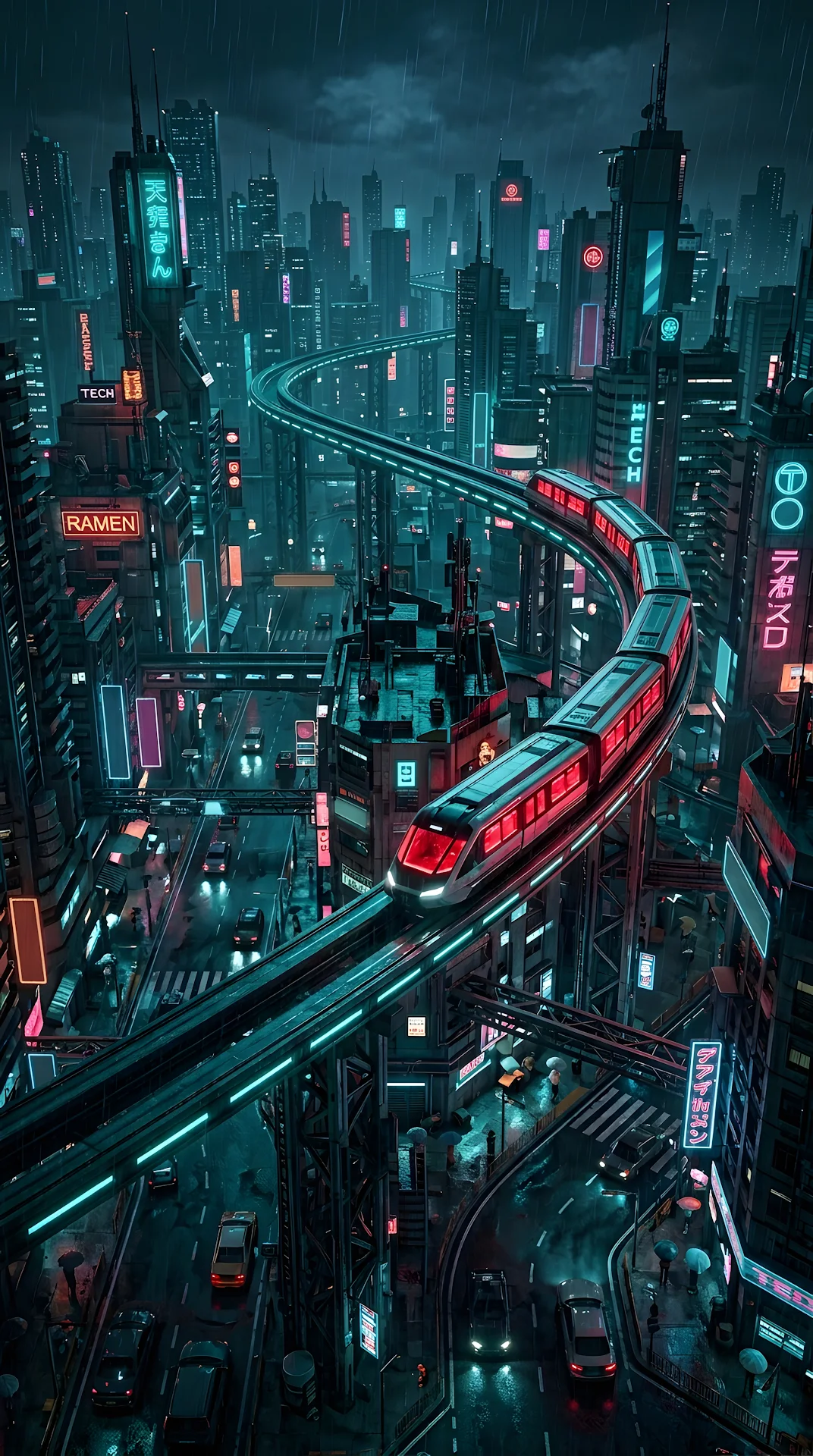 Futuristic Monorail Train Snaking Through Cyberpunk City - Free 4K mobile Wallpaper