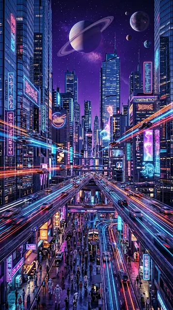 Futuristic Neon Cityscape with Glass Towers and Distant Planets - Free 4K & 8K mobile Wallpaper