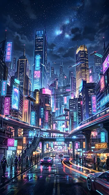Futuristic Neon Night Cityscape with Starry Sky and Wet Pavement Reflections - Free mobile Wallpaper