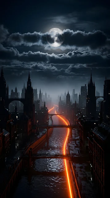 Futuristic Night Cityscape with Glowing Orange River - Free mobile Wallpaper