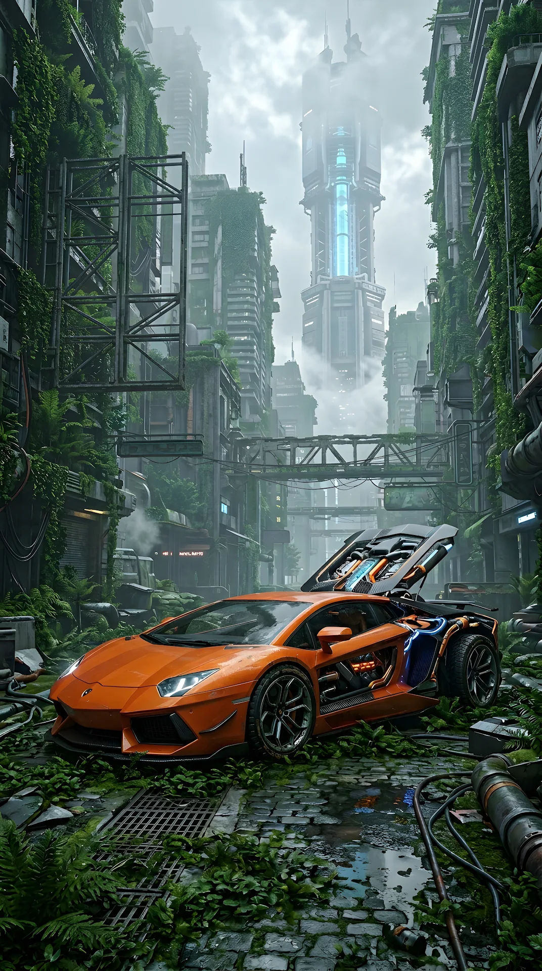 Futuristic Orange Supercar in an Overgrown Cyberpunk Metropolis - Free 4K mobile Wallpaper