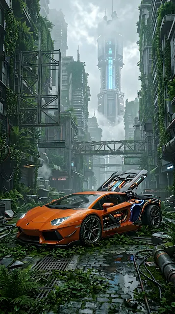 Futuristic Orange Supercar in an Overgrown Cyberpunk Metropolis - Free mobile Wallpaper