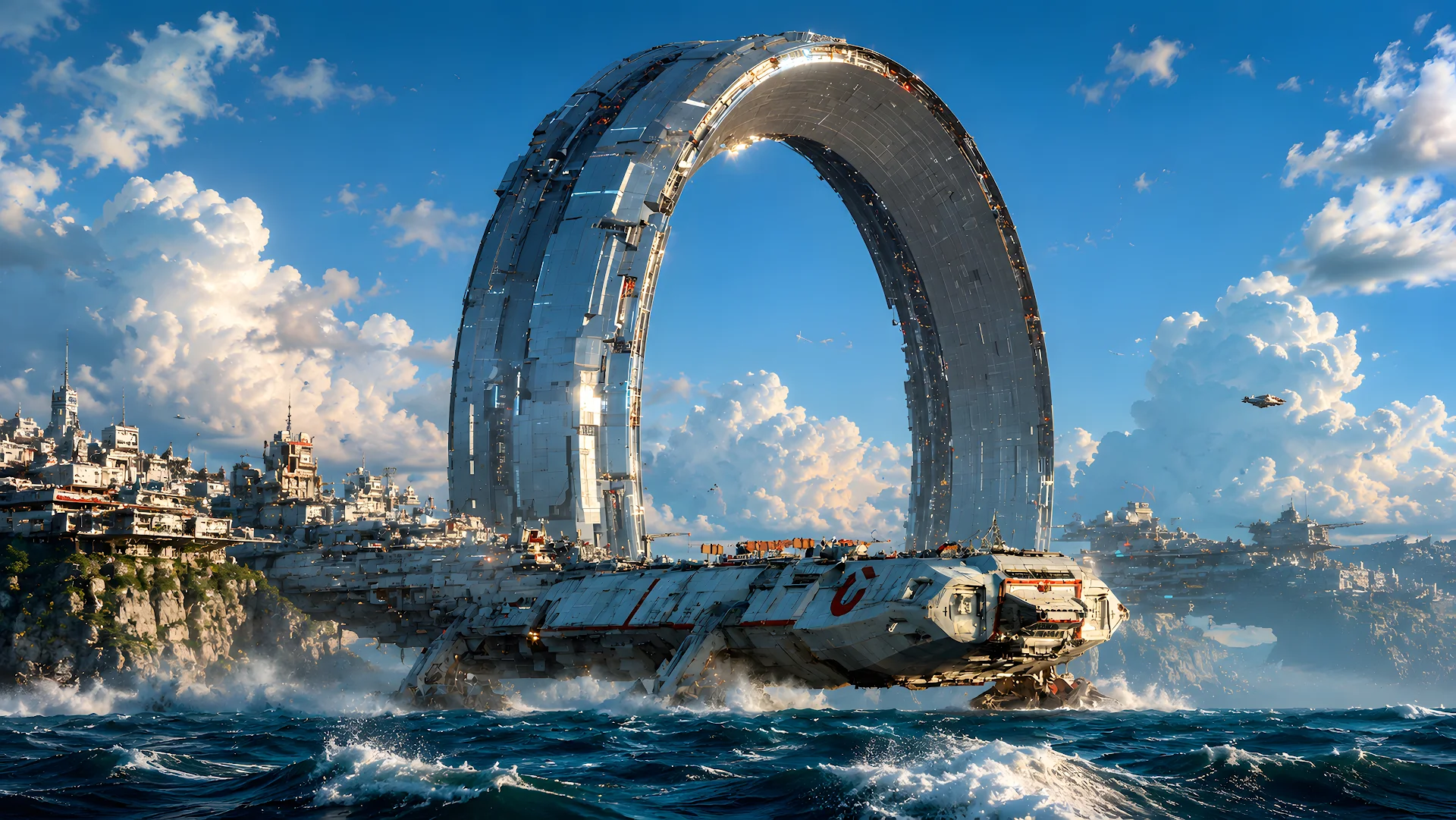 Futuristic Ring City Rising Above a Coastal Ocean - Free 4K desktop Wallpaper