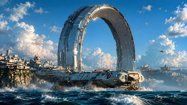 A colossal metallic ring arches over a futuristic coastal city as a transport vessel crosses the ocean below.