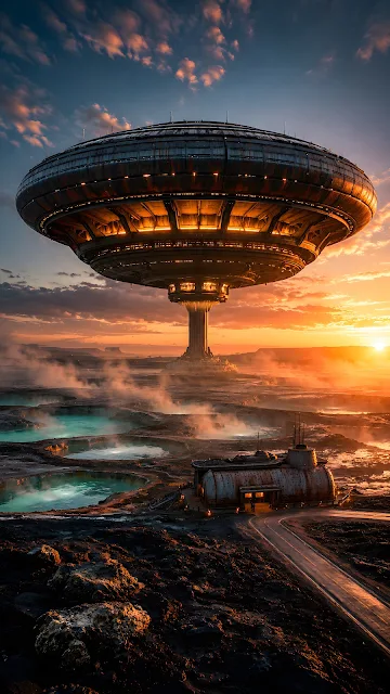 Massive illuminated saucer structure towers above geothermal pools and a remote outpost at sunset.