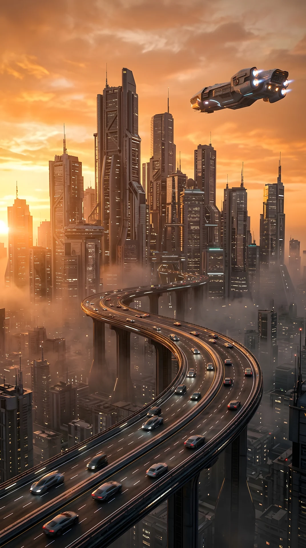 Futuristic Sci-Fi City Highway at Sunset 3D Render - Free 4K mobile Wallpaper