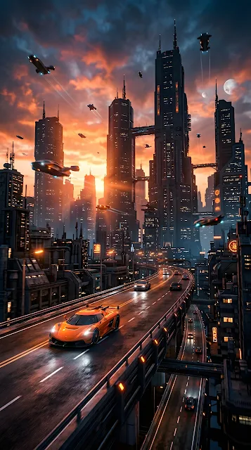 Futuristic Sci-Fi Cityscape with Flying Vehicles and Highway - Free mobile Wallpaper