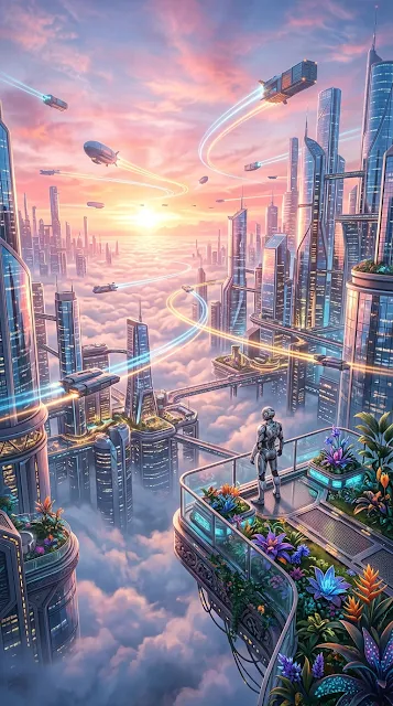 Futuristic Sky City at Dawn with Airships and Floating Gardens - Free 4K & 8K mobile Wallpaper