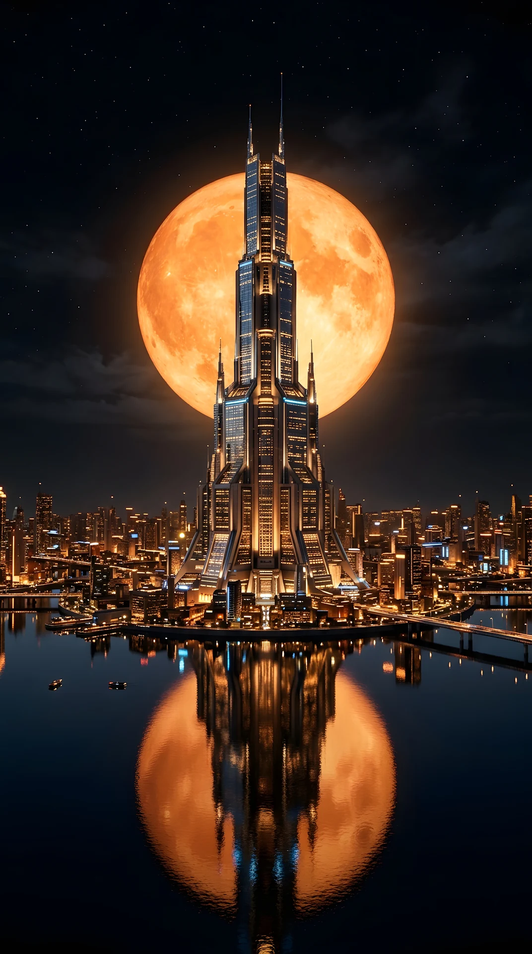 Futuristic Skyscraper Centered Against Massive Orange Moon - Free 4K mobile Wallpaper