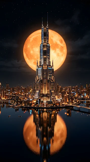 Futuristic Skyscraper Centered Against Massive Orange Moon - Free mobile Wallpaper