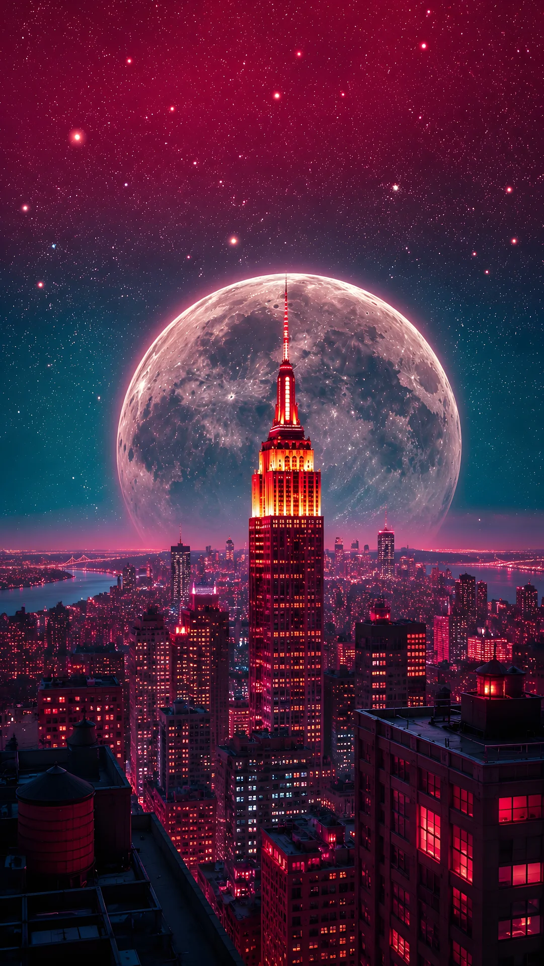 Futuristic synthwave cityscape with illuminated landmark tower and giant moon - Free 4K mobile Wallpaper