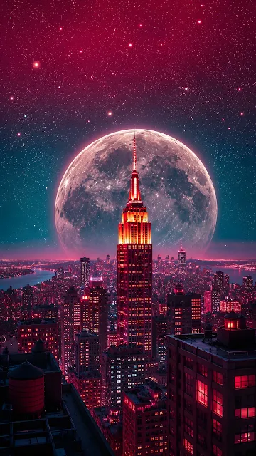 Glowing red and magenta city skyline with a tall landmark tower in front of a giant detailed moon in a starry night.