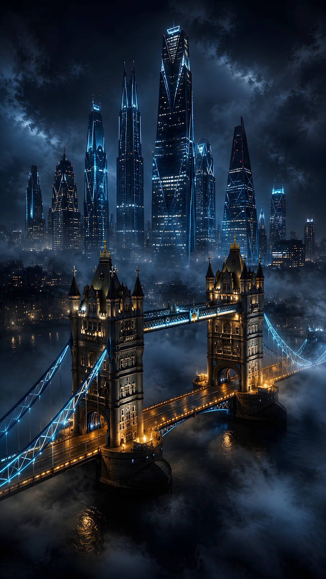 Futuristic tower bridge over river in a high-tech cyberpunk city - Free 4K mobile Wallpaper