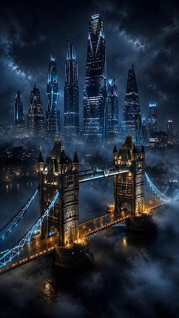 A futuristic rendering of London's historic Tower Bridge in a sci-fi city with colossal modern skyscrapers and low-hanging mist at night.