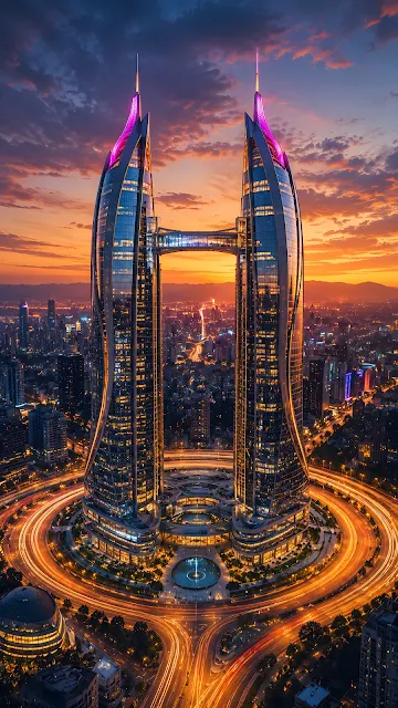 Aerial 3D render of a futuristic twin-tower skyscraper with a high-altitude skybridge rising above a glowing cityscape at dusk.