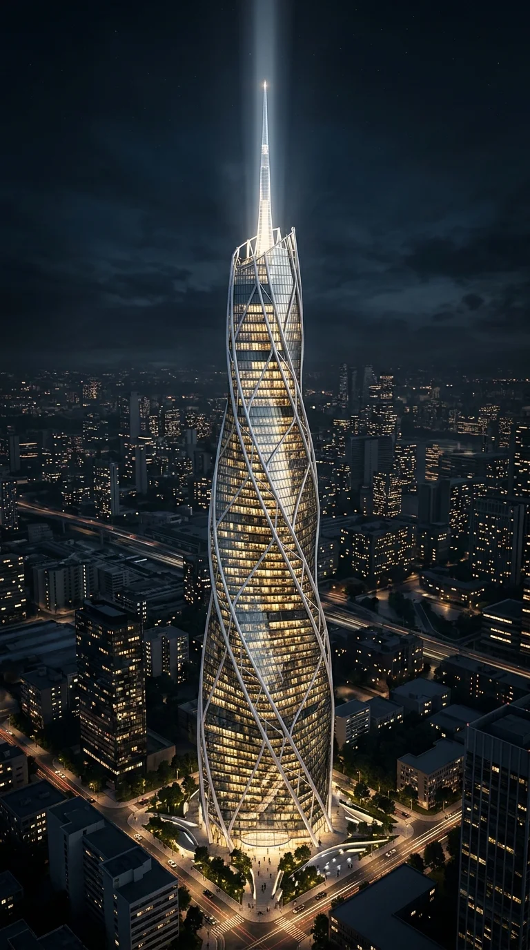 Futuristic Twisted Glass Skyscraper at Night - Free 8K and 4K mobile Wallpaper Background