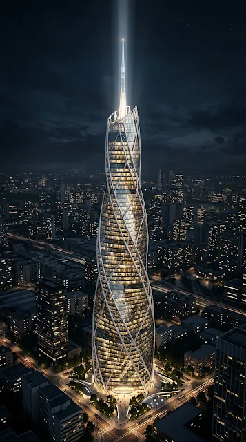 Futuristic Twisted Glass Skyscraper at Night - Free 4K & 8K mobile Wallpaper