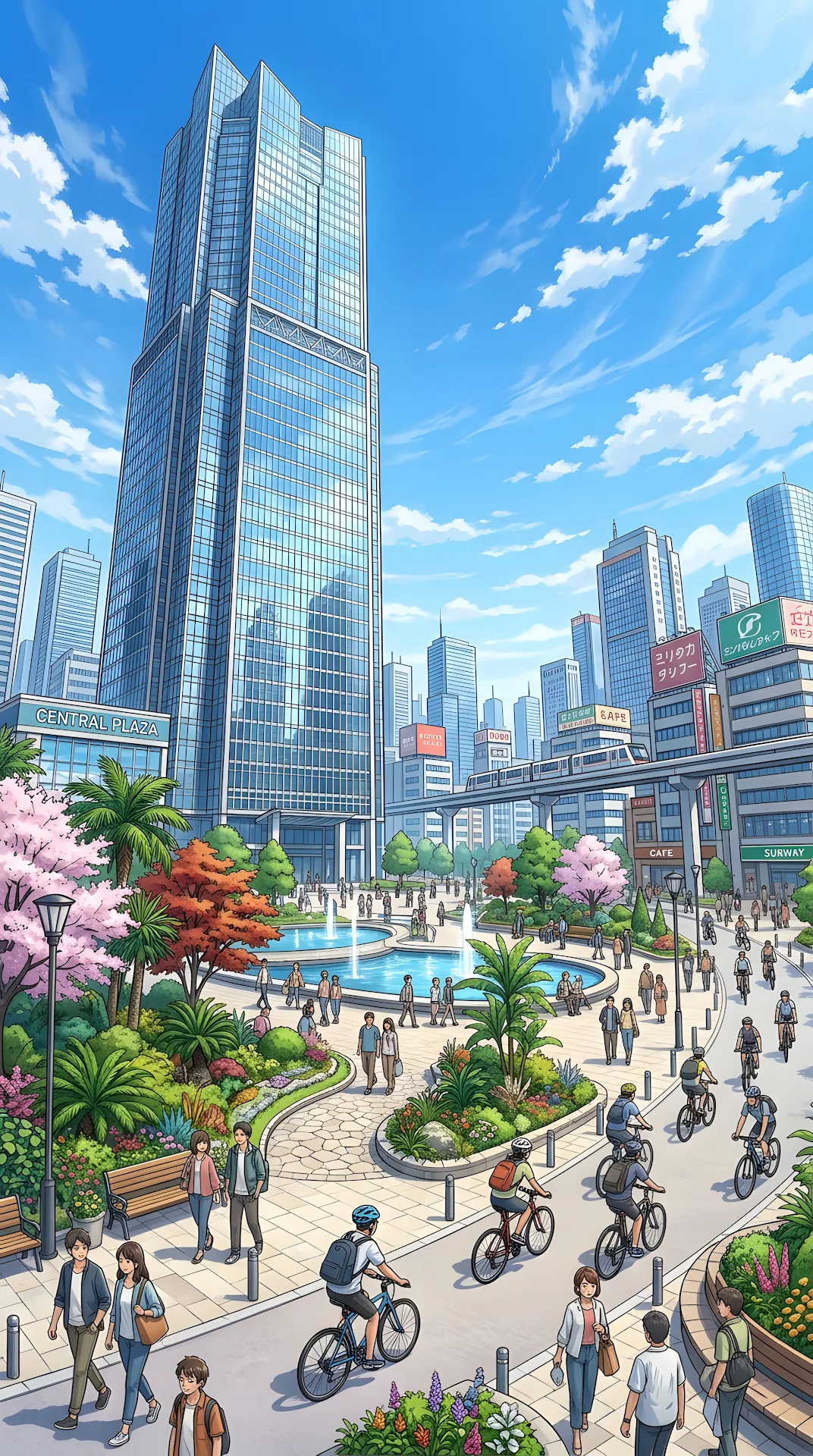 Futuristic Urban Plaza with Anime Style Architecture and Gardens - Free 4K mobile Wallpaper