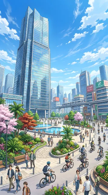 Futuristic Urban Plaza with Anime Style Architecture and Gardens - Free mobile Wallpaper