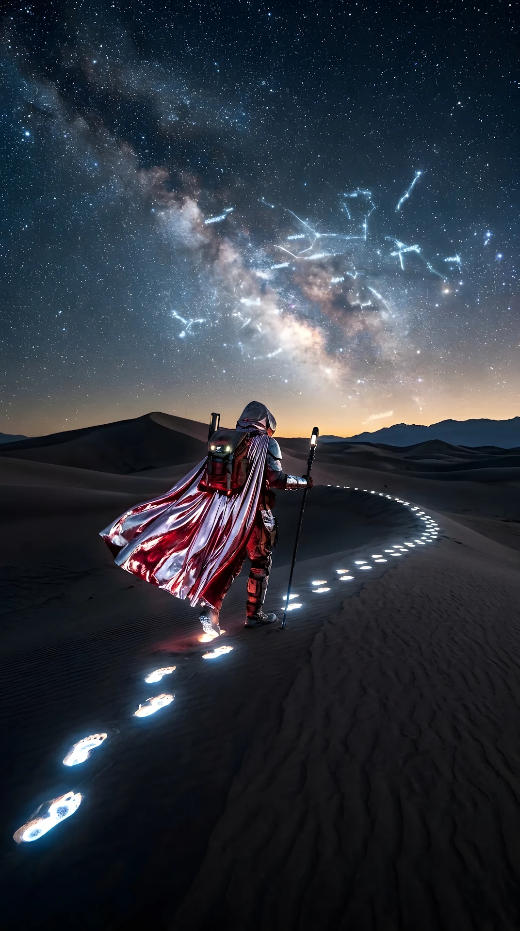Futuristic Wanderer in Metallic Cloak Traversing Starry Desert - Free 4K mobile Wallpaper