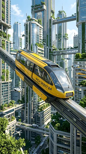 Futuristic Yellow Monorail Train in Sci-Fi City - Free mobile Wallpaper