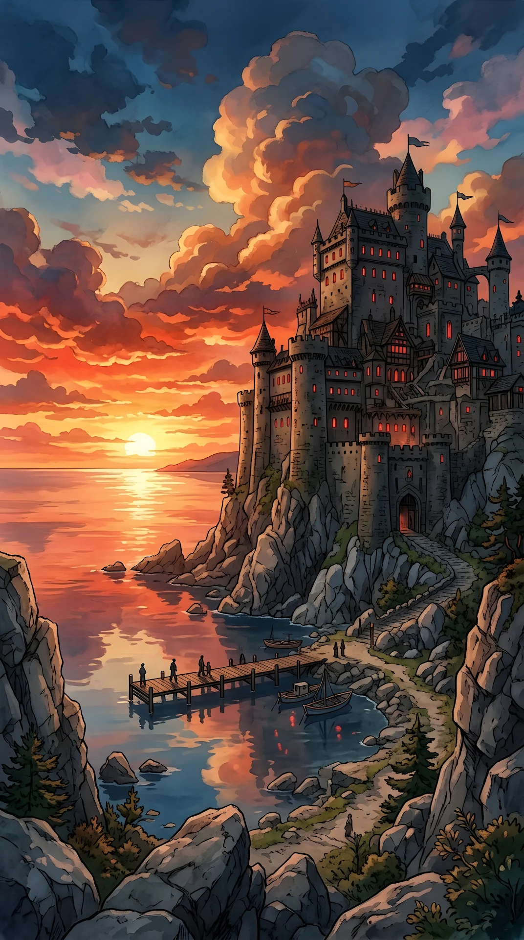Ghibli-Style Anime Illustration of a Stone Fortress at Sunset by a Lake - Free 4K mobile Wallpaper