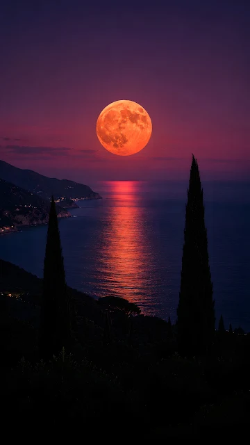 A photograph of a massive red harvest moon rising over a calm ocean bay framed by dark silhouette cypress trees under a dusk sky.